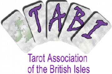 TABI logo Tarot Association of the British Isles log - features five cards, one with a silhouette of the British Isles and the remaining four each having a letter of TABI.