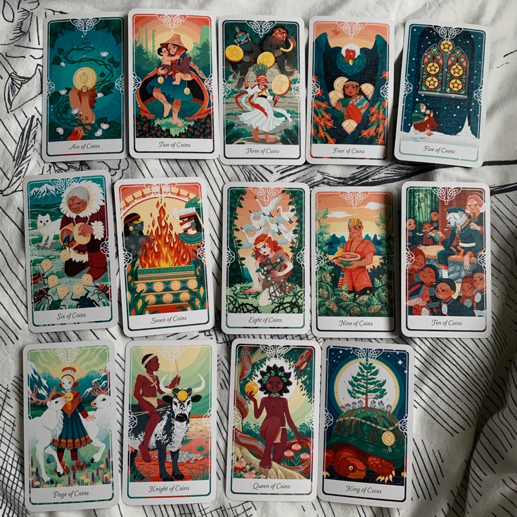 Picture of the suit of pentacles cards from Tarot of the Divine by Yoshi Yoshitani 